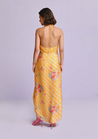 Chamee And Palak-Yellow Sara Satin Drape Dress-INDIASPOPUP.COM