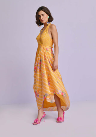 Chamee And Palak-Yellow Sara Satin Drape Dress-INDIASPOPUP.COM