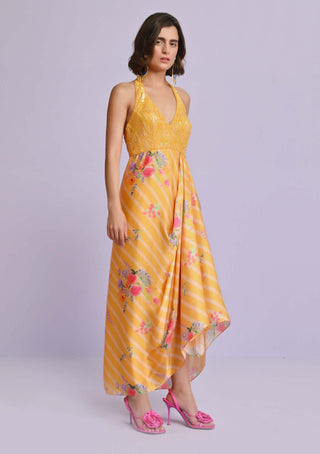 Chamee And Palak-Yellow Sara Satin Drape Dress-INDIASPOPUP.COM