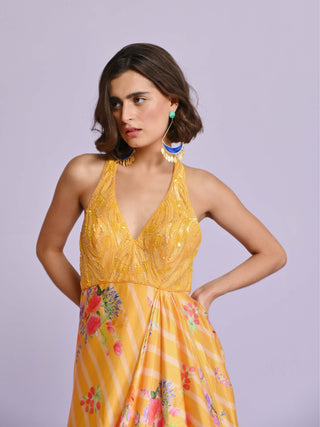 Chamee And Palak-Yellow Sara Satin Drape Dress-INDIASPOPUP.COM