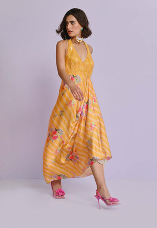 Chamee And Palak-Yellow Sara Satin Drape Dress-INDIASPOPUP.COM