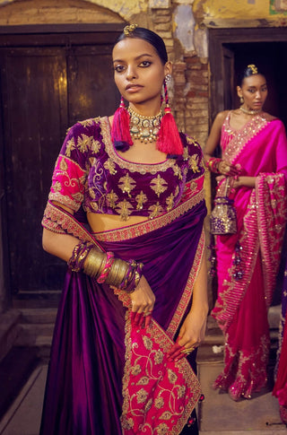 Baingani and gulabi embroidery sari and blouse