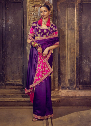 Baingani and gulabi embroidery sari and blouse