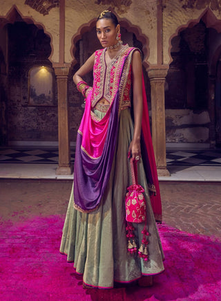 Green and pink johri skirt set