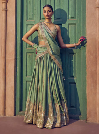 Sage green jharokha lehenga set