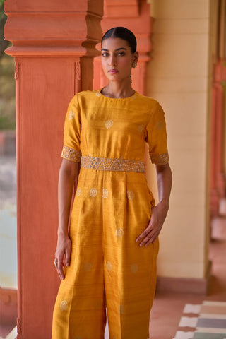 Punit Balana Mustard Kasundi Banarasi Silk Jumpsuit available on indiaspopup