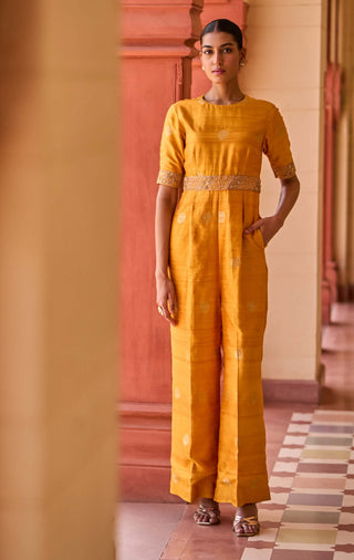 Punit Balana Mustard Kasundi Banarasi Silk Jumpsuit available on indiaspopup