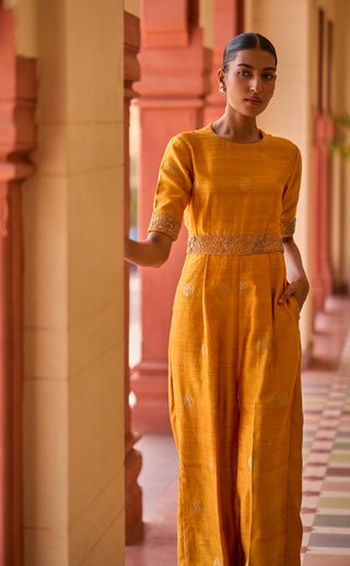 Punit Balana Mustard Kasundi Banarasi Silk Jumpsuit available on indiaspopup