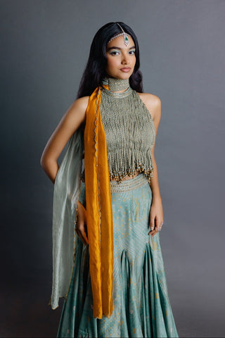 Sage green fringe top and godet skirt set
