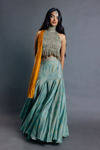 Sage green fringe top and godet skirt set