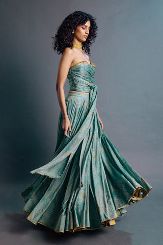 Sage green draped corset skirt set