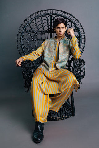 Mustard striped kurta and sage bundi set