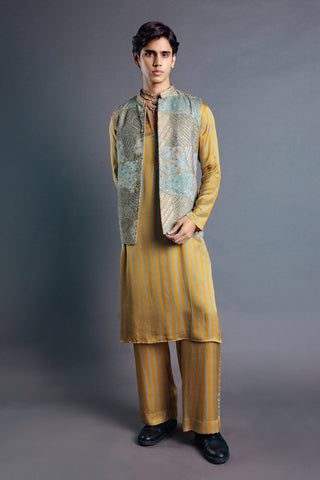 Mustard striped kurta and sage bundi set