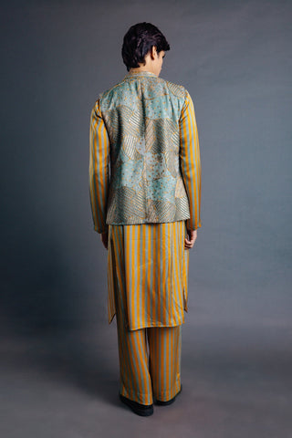 Mustard striped kurta and sage bundi set