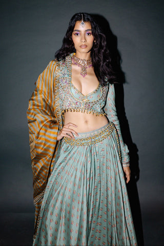 Sage green koti lehenga set