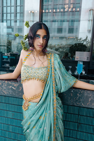 Sage green draped sari set