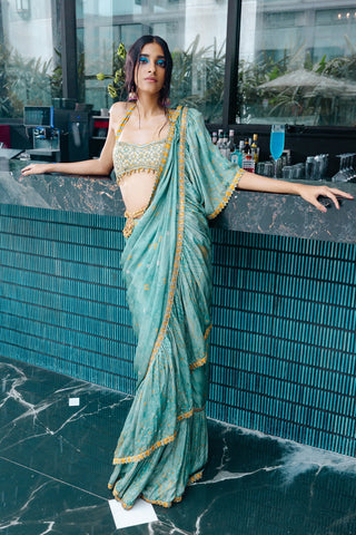 Sage green draped sari set