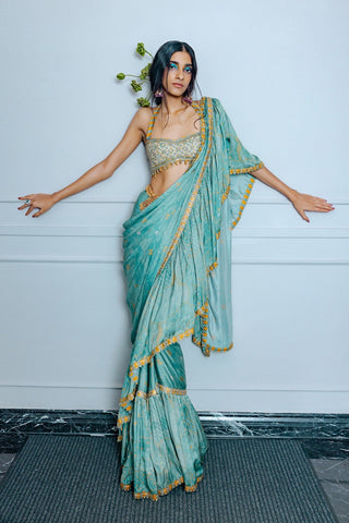 Sage green draped sari set