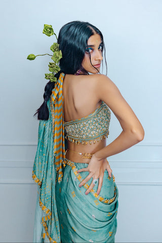 Sage green draped sari set