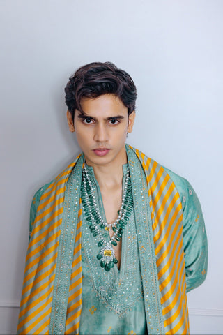 Sage green kurta set with dushala