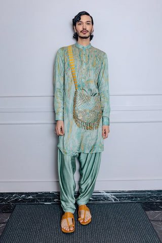 Sage green bandhani kurta and afghani set