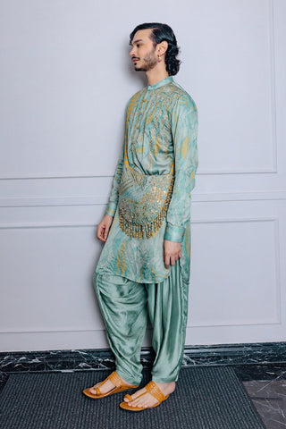 Sage green bandhani kurta and afghani set