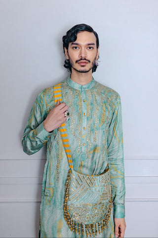 Sage green bandhani kurta and afghani set