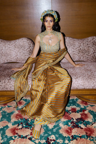 Mustard cut-out blouse sari set