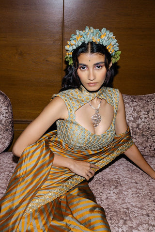 Mustard cut-out blouse sari set