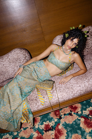Sage green crop top and slit skirt set