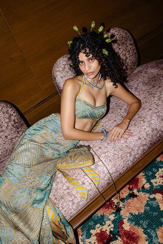 Sage green crop top and slit skirt set