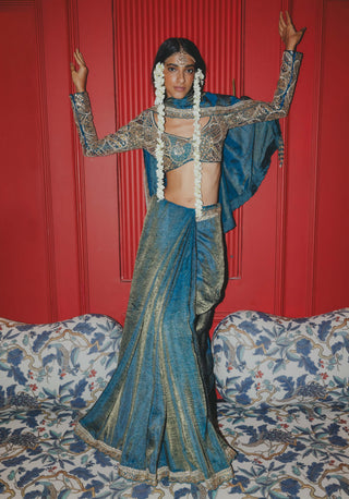 Teal Classic Embroidered Sari Set