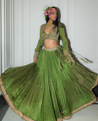 Crushed Tissue Green Lehenga set