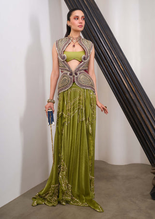 Verdant Drama Jacket With Skirt Set