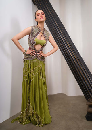 Verdant Drama Jacket With Skirt Set