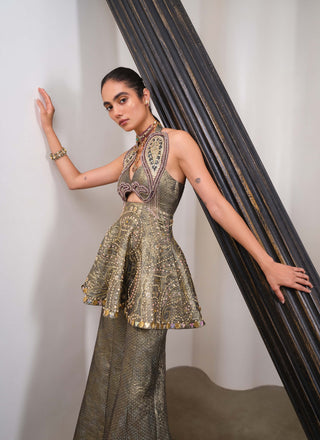 Olive Regalia Peplum With Sharara Set
