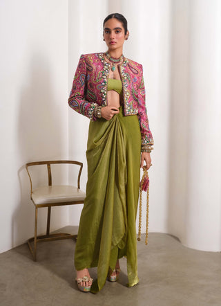 Olive Power Play Jacket With Draped Skirt Set