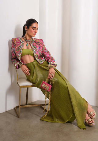 Olive Power Play Jacket With Draped Skirt Set