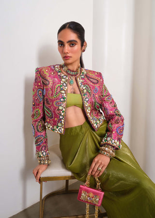 Olive Power Play Jacket With Draped Skirt Set