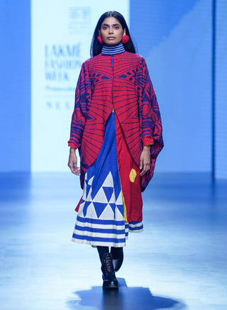 Red Navy Maze Jacket And Skirt Set by Ka-Sha available on Indiaspopup