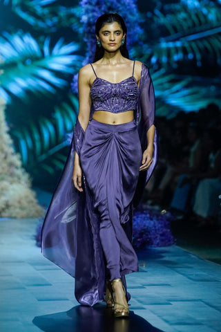 Deep plum corset, shrug and draped skirt