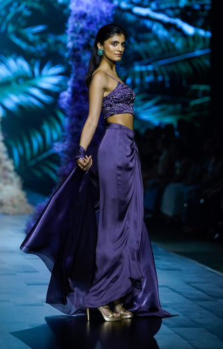 Deep plum corset, shrug and draped skirt