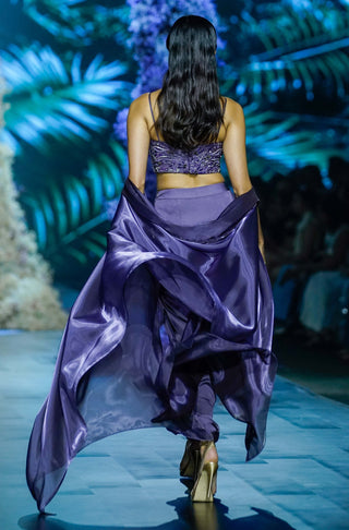 Deep plum corset, shrug and draped skirt