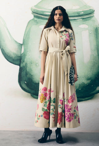 Ivory moonflower tie dress with belt