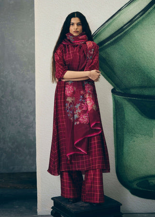 Burgundy noka kurta with pants and scarf
