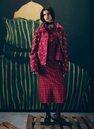 Maroon botan shirt with skirt and blazer