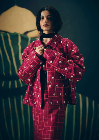Maroon botan shirt with skirt and blazer