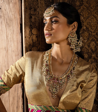 Bhavini red and green kundan long necklace set