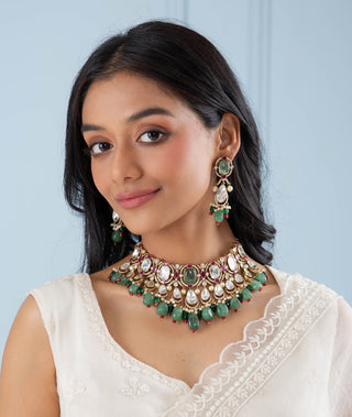 Bhavika red and green polki necklace set