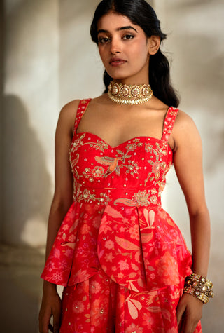 Sunset red peplum top with palazzo